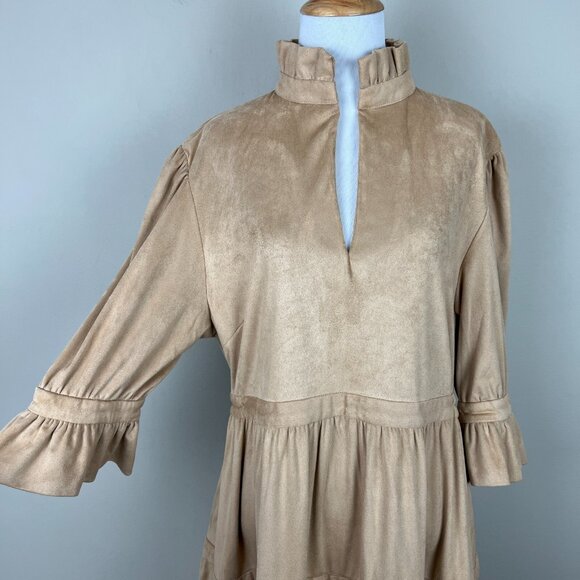 Gretchen Scott Dress Womens Large Beige Teardrop Ultra Suede Tiered Ruffle 3/4 - Picture 4 of 12